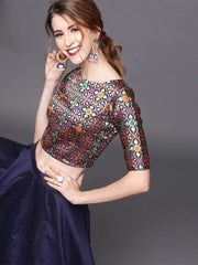 Navy Blue & Gold-Toned Woven Design Chanderi Ready to Wear Lehenga with Blouse - inddus-us