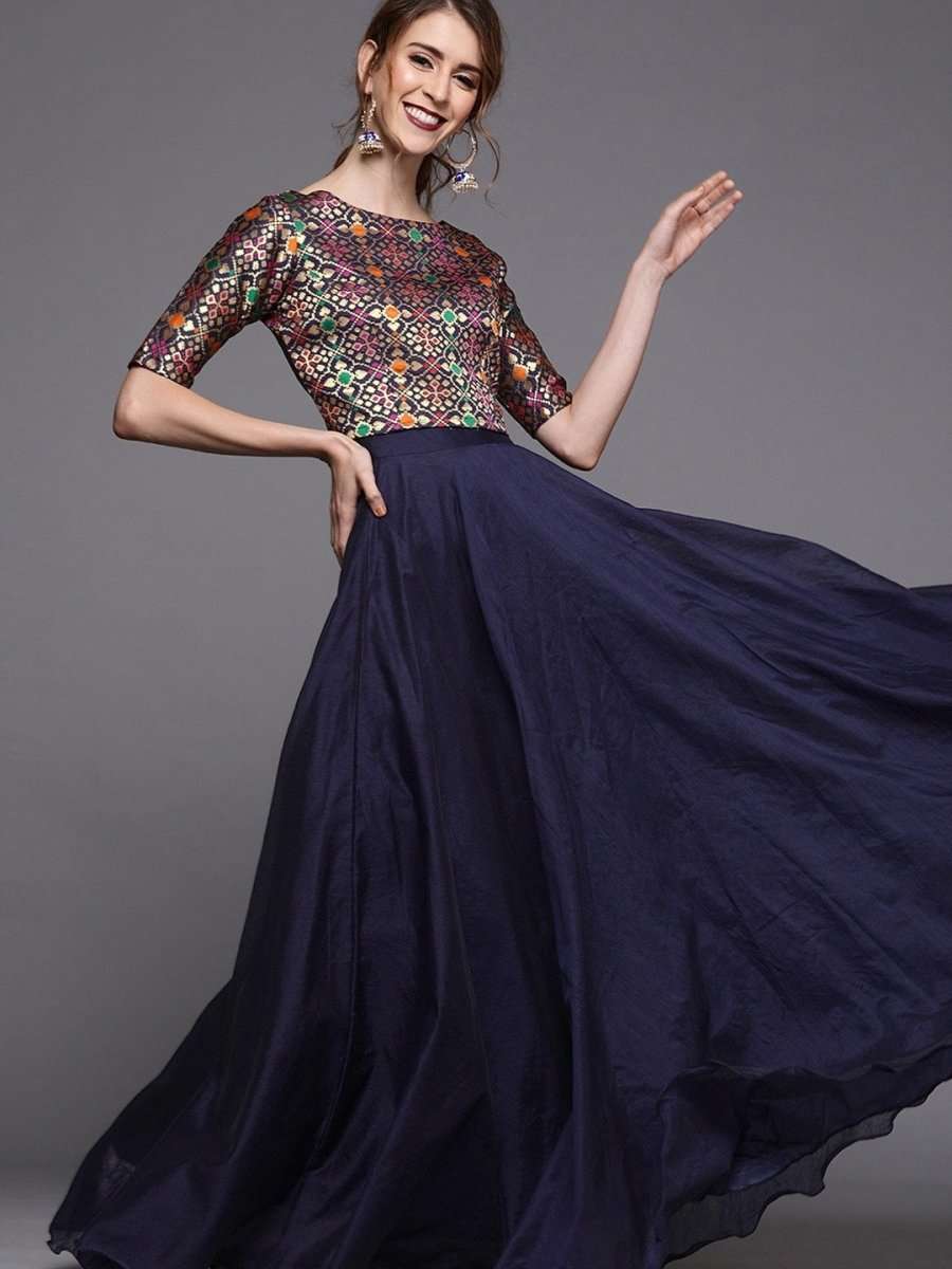 Navy Blue & Gold-Toned Woven Design Chanderi Ready to Wear Lehenga with Blouse - inddus-us