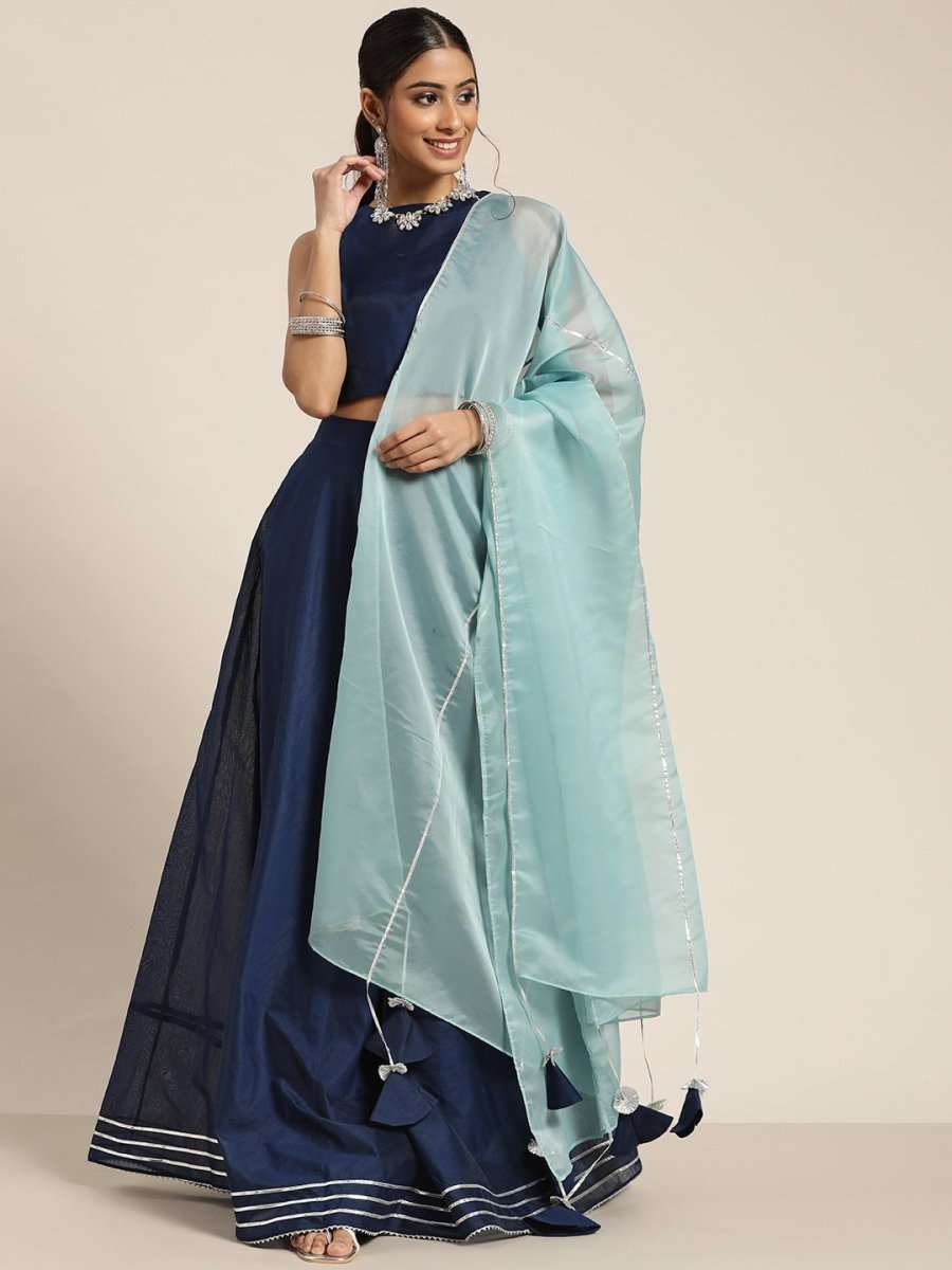 Navy Blue Gotta Detail Ready to Wear Cotton Lehenga & Blouse With Dupatta - Inddus.com