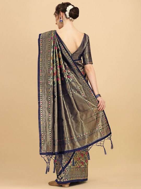 Navy Blue & Pink Floral Zari Silk Blend Saree - Inddus.com