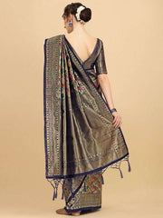Navy Blue & Pink Floral Zari Silk Blend Saree - Inddus.com