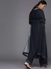 Navy Blue Polyester Embroidered Palazzo Suit - inddus-us