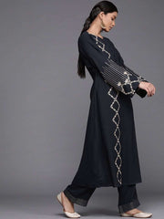 Navy Blue Polyester Embroidered Palazzo Suit - inddus-us