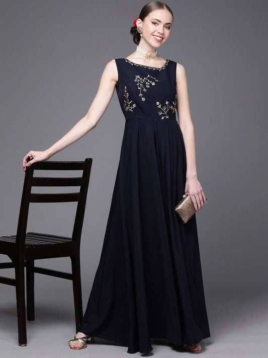 Navy Blue Satin Embroidered Gown - Inddus.com