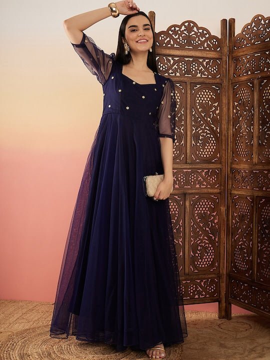 Navy blue Sequence Embellished Flared Maxi Ethnic Dresses - Inddus.com