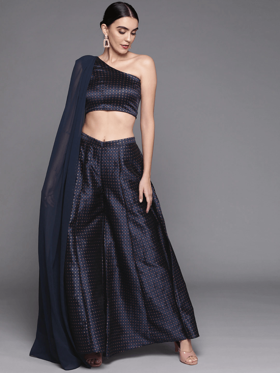 Navy Blue Silk Blend Co-Ords - Inddus.com