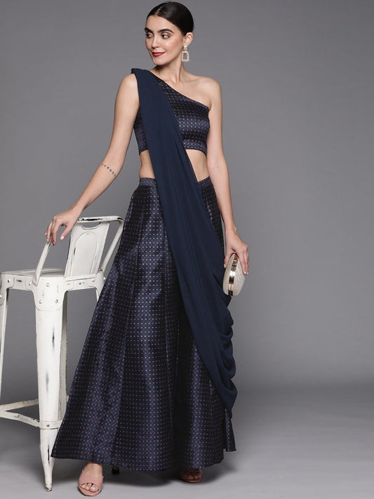 Navy Blue Silk Blend Co-Ords - Inddus.com