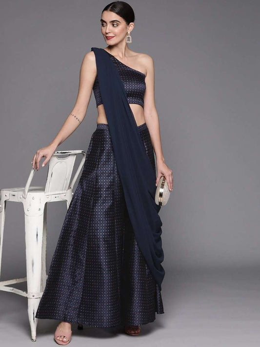 Navy Blue Silk Blend Co-Ords - Inddus.com