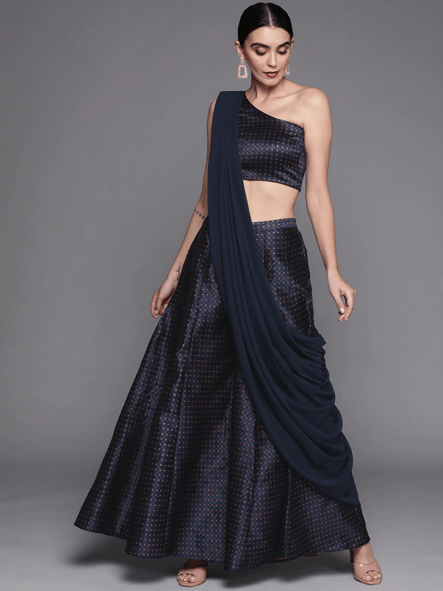 Navy Blue Silk Blend Co-Ords - Inddus.com