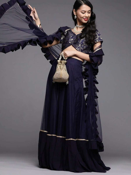 Navy Blue Silk Blend Woven Lehenga Choli - inddus-us