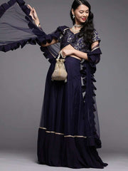 Navy Blue Silk Blend Woven Lehenga Choli - inddus-us