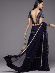 Navy Blue Silk Blend Woven Lehenga Choli - inddus-us