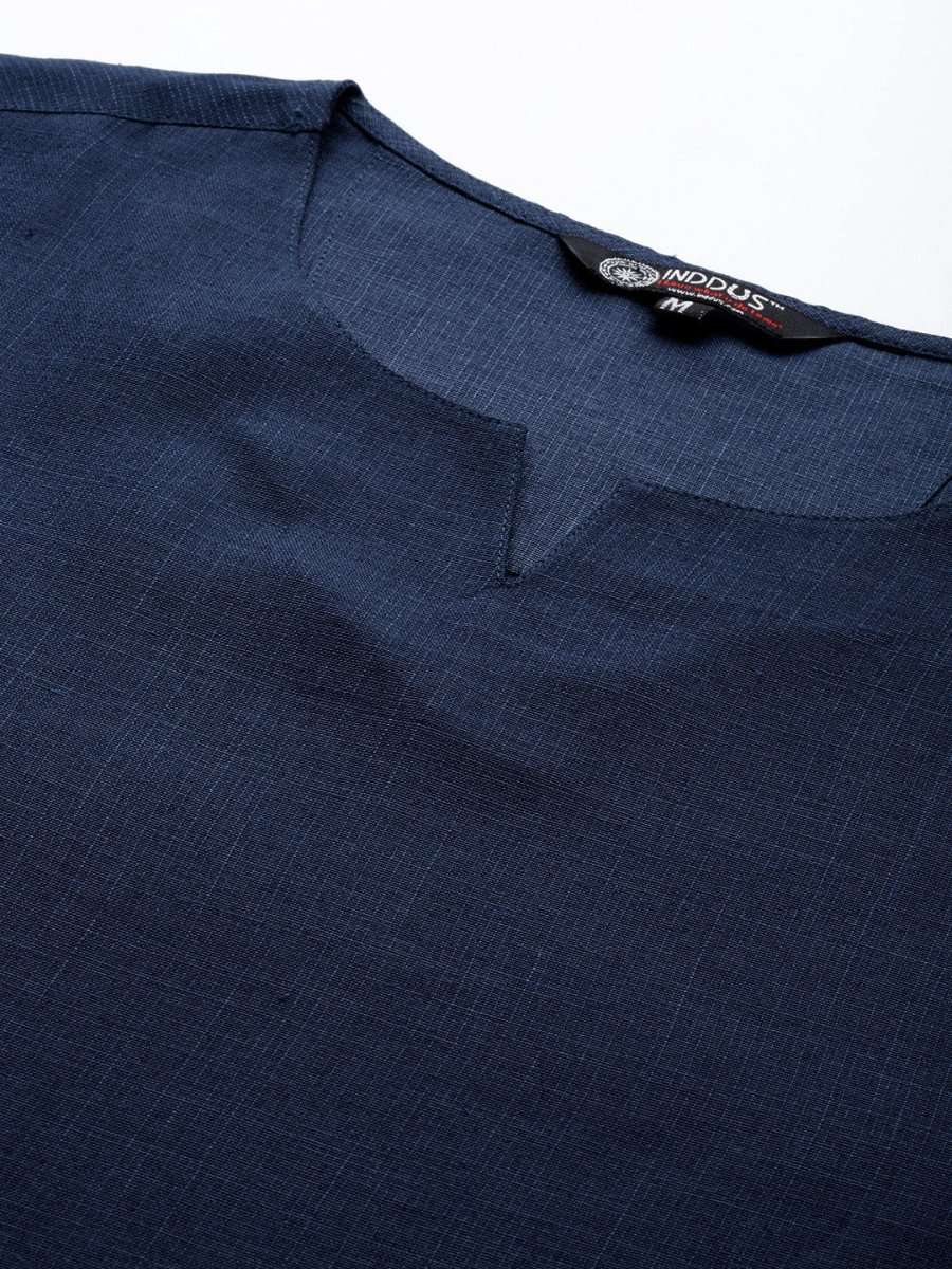 Navy Blue Solid Linen Blend Kurta - Inddus.com
