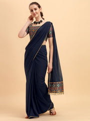 Navy Blue Solid Saree with Brocade Blouse - inddus-us