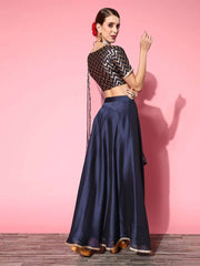 Navy Blue Woven Design Semi-stitched Lehenga Choli With Dupatta - Inddus.com
