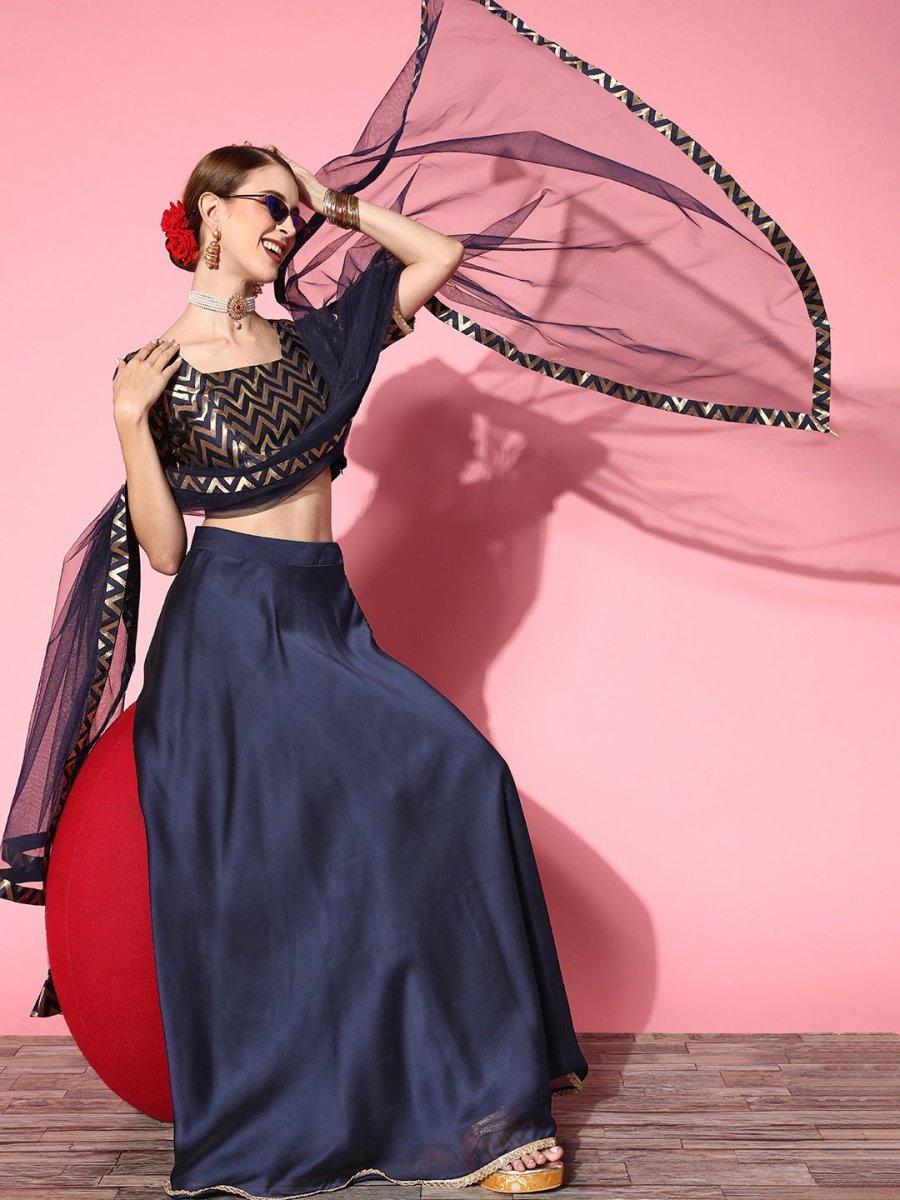 Navy Blue Woven Design Semi-stitched Lehenga Choli With Dupatta - Inddus.com