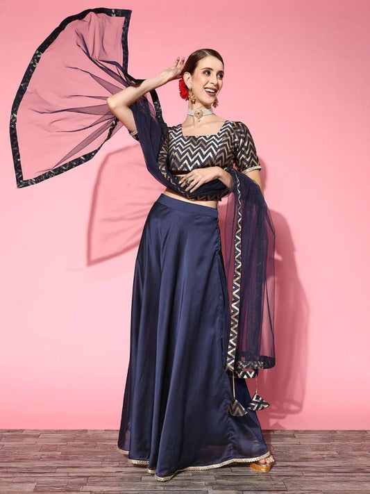 Navy Blue Woven Design Semi-stitched Lehenga Choli With Dupatta - Inddus.com