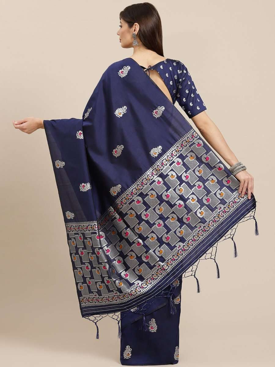 Navy Blue woven design Traditional Saree - Inddus.com