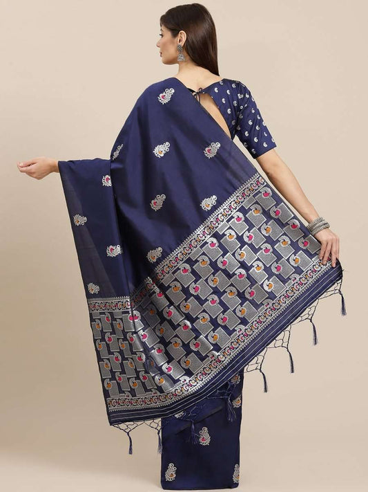 Navy Blue woven design Traditional Saree - Inddus.com