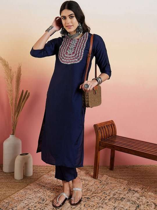 Navy Blue Yoke Design Regular Kurta with Trousers - Inddus.com