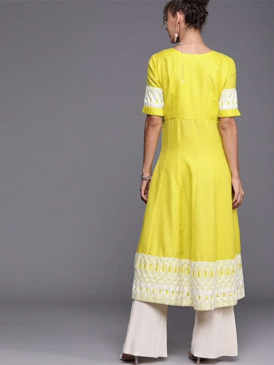 Neon Green Yoke Embroidered Long Kurta - Inddus.com