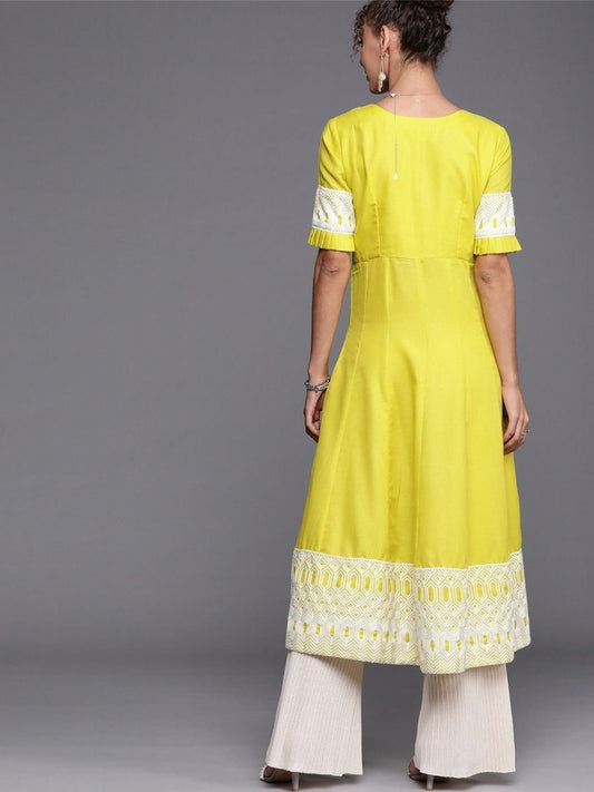 Neon Green Yoke Embroidered Long Kurta - Inddus.com