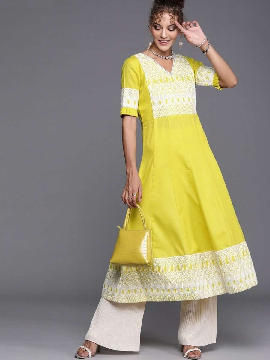 Neon Green Yoke Embroidered Long Kurta - Inddus.com