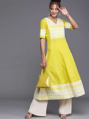 Neon Green Yoke Embroidered Long Kurta - Inddus.com