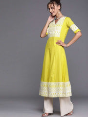Neon Green Yoke Embroidered Long Kurta - Inddus.com