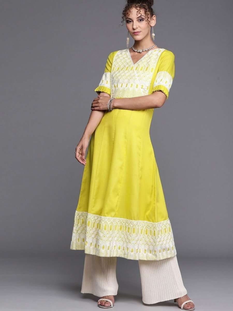 Neon Green Yoke Embroidered Long Kurta - Inddus.com
