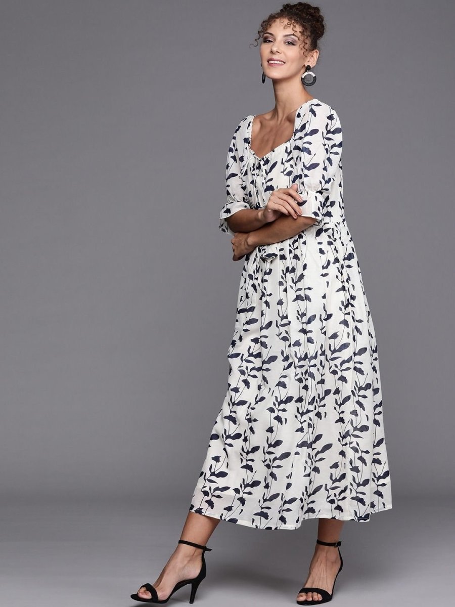 Off white and Blue Indigo Print Cotton Gown - inddus-us