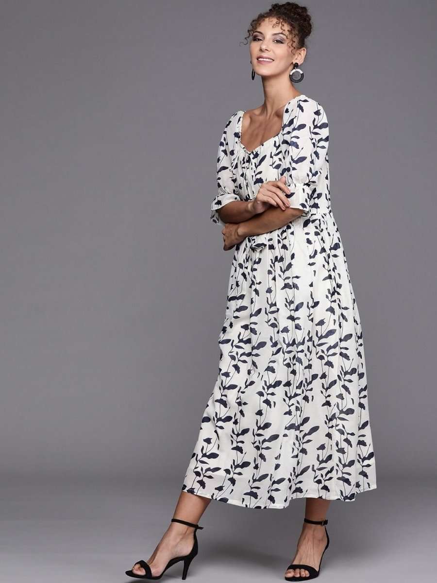 Off white and Blue Indigo Print Cotton Gown - inddus-us