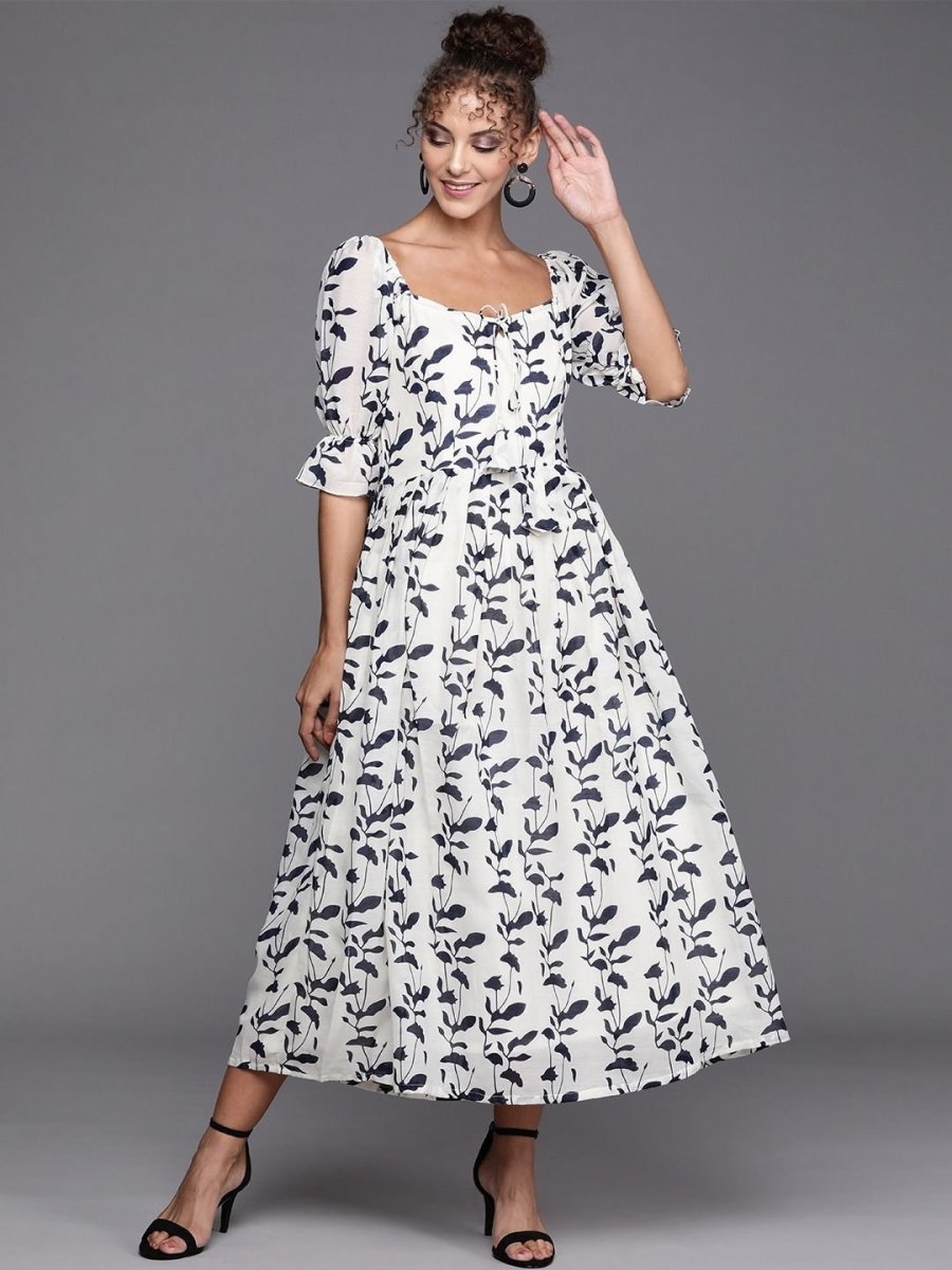 Off white and Blue Indigo Print Cotton Gown - inddus-us