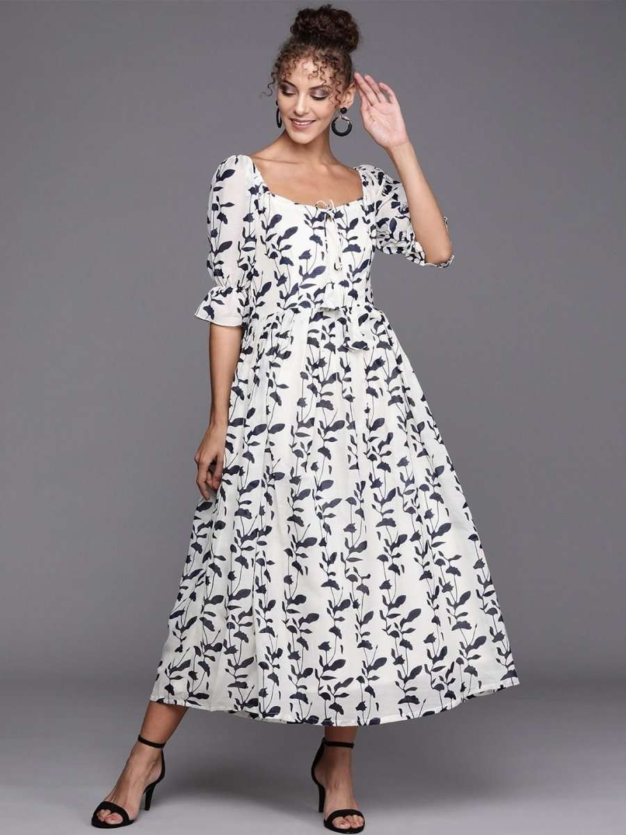 Off white and Blue Indigo Print Cotton Gown - inddus-us