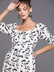 Off white and Blue Indigo Print Cotton Gown - inddus-us