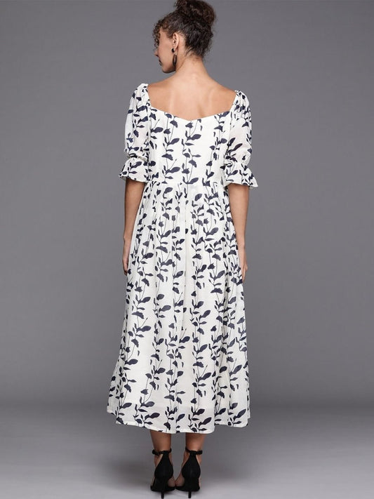 Off white and Blue Indigo Print Cotton Gown - inddus-us