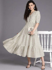 Off White & Black Chevron Printed Pure Cotton Tiered Midi Dress - Inddus.com