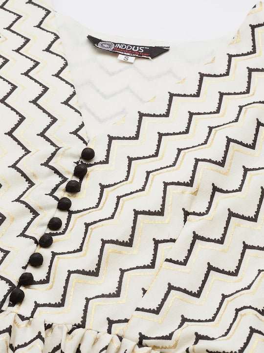 Off White & Black Chevron Printed Pure Cotton Tiered Midi Dress - Inddus.com