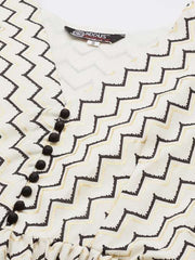 Off White & Black Chevron Printed Pure Cotton Tiered Midi Dress - Inddus.com