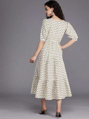 Off White & Black Chevron Printed Pure Cotton Tiered Midi Dress - Inddus.com