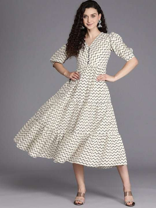 Off White & Black Chevron Printed Pure Cotton Tiered Midi Dress - Inddus.com