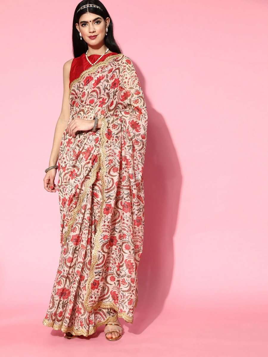 Off White Checked Zari Chanderi Saree - Inddus.com