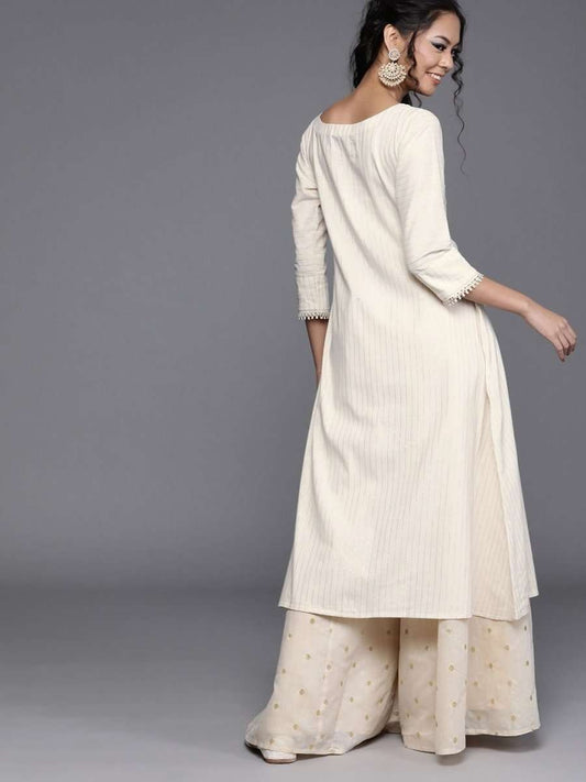 Off White Cotton Striped Kurta - Inddus.com