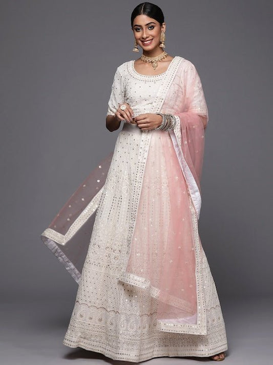 Off White Embroidered Semi-Stitched Lehenga & Unstitched Blouse With Dupatta Net - Inddus.com