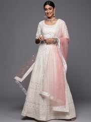 Off White Embroidered Semi-Stitched Lehenga & Unstitched Blouse With Dupatta Net - Inddus.com