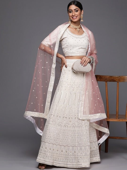 Off White Embroidered Semi-Stitched Lehenga & Unstitched Blouse With Dupatta Net - Inddus.com
