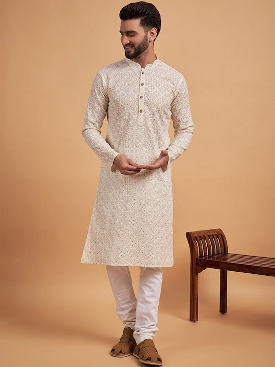 off white Ethnic Motifs Embroidered Cotton Straight Kurta - Inddus.com
