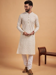 off white Ethnic Motifs Embroidered Cotton Straight Kurta - Inddus.com