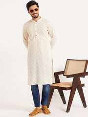 off white Ethnic Motifs Embroidered Cotton Straight Kurta - Inddus.com