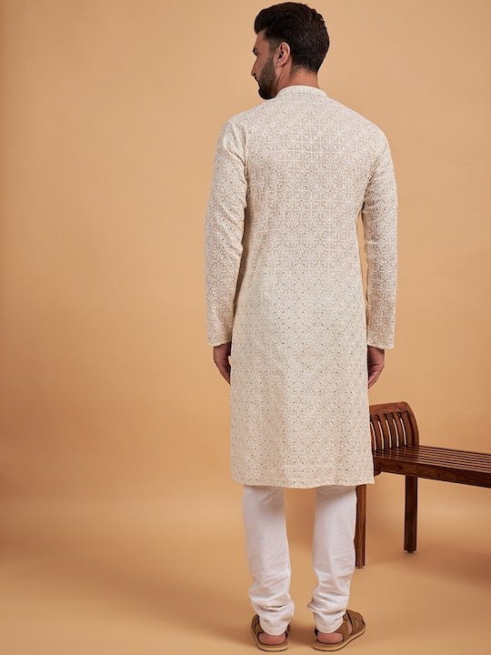 off white Ethnic Motifs Embroidered Cotton Straight Kurta - Inddus.com
